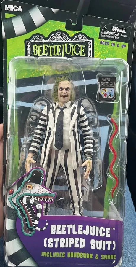 NECA Beetlejuice Striped Suit 7" Action Figure w/Handbook & Snake Tim Burton